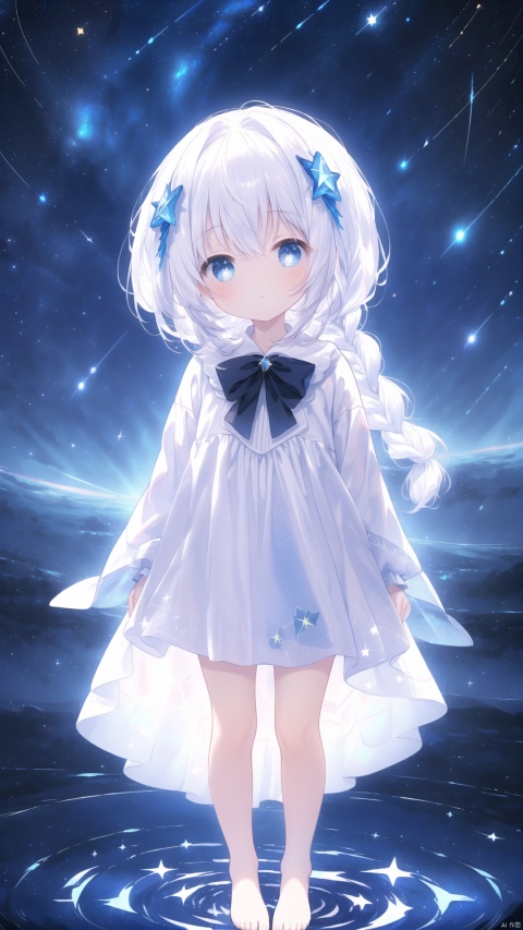 (masterpiece), (best quality), illustration, ultra detailed, hdr, Depth of field, (colorful), loli, ((an array of stars)), ((starry sky)), the Milky Way, star, Reflecting the starry water surface, (1girl:1.3), awhite hair, blinking, white dress, closed mouth, constel lation, white hair, braid, blinking, white robe, barefoot, float, flat color, looking up, standing, medium hair, standing, solo, space, universe, Nebula, many stars, fanxing