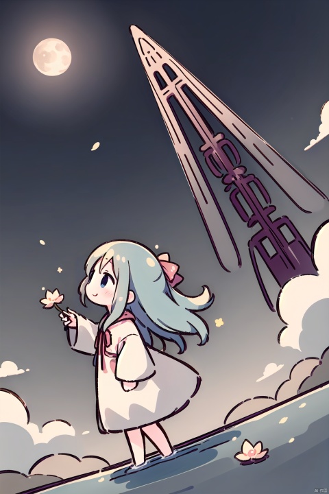 (1girl, blue hair, blue eyes, blush, long hair, smile, happy), (from side), (looking up:1.2), floating sakura petals, white robe, hood, night, star sky, beautiful scenery, Lean against, full moon, (panorama, wide shot, distant view), (full body), ( ink painting, ink splashes, ink wash), cloudy, cirrocumulus, mountains, lake, Chinese style architecture, (Yellow Crane Tower), chinese_trees, branch, (plum blossom), (lotus), petals,mahiro,
, kanade