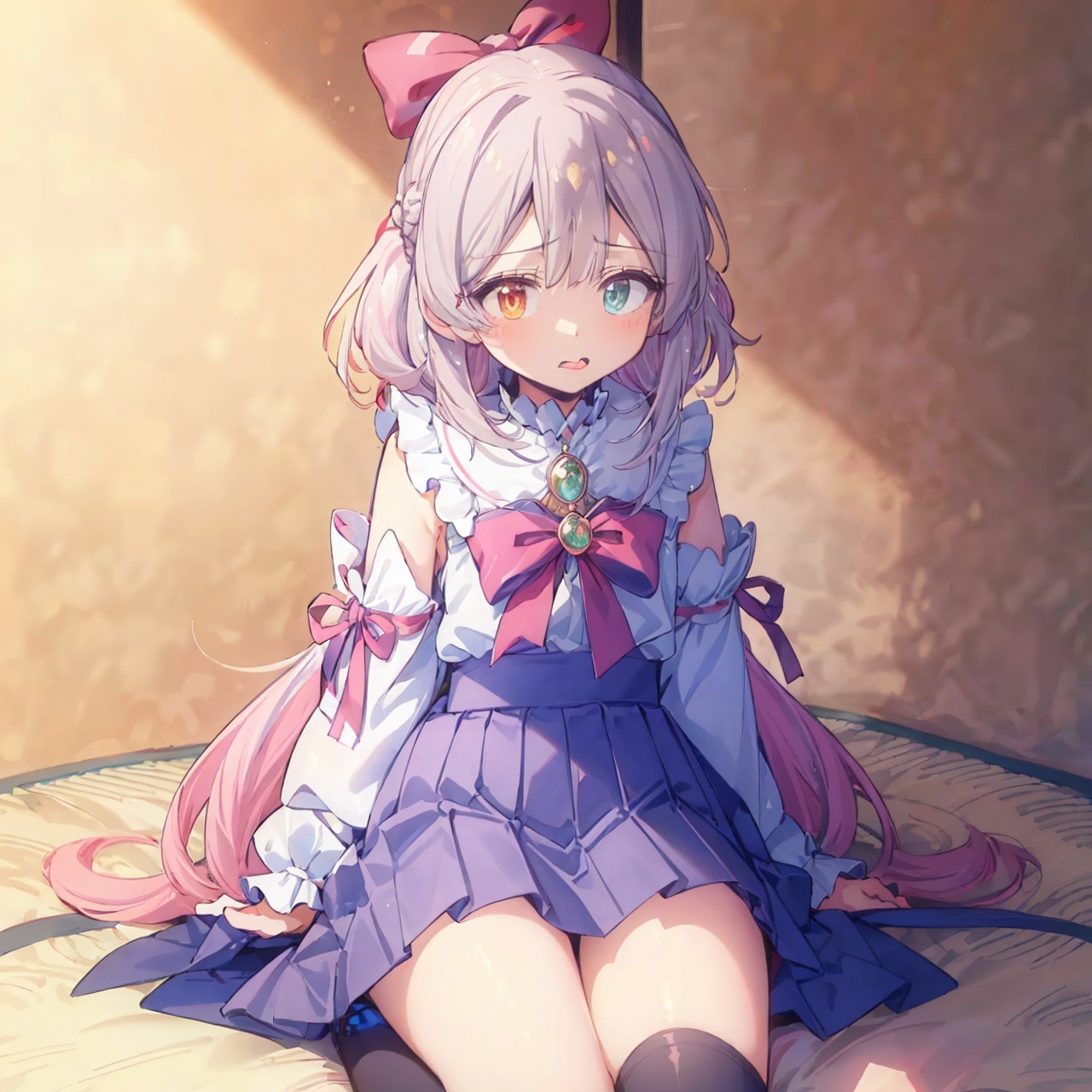 {{masterpiece,best quality,official art,extremely detailed CG unity 8k wallpaper}}, against backlight at dusk, intense shadows, artbook, wallpaper, {{bishoujo}}, idol, streaked hair, light purple hair, colored inner hair, medium hair, dyed bangs, hair tie, hair bow, grey hair, embarrassed , heterochromia blue red, expressionless, glowing eyes, eyes visible through hair, {lolita_fashion}, bare legs, white_kneehighs, NSFW,niji,{best quality}, {{masterpiece}}, {highres}, original, extremely detailed 8K wallpaper, {an extremely delicate and beautiful},,pleated skirt, the creamy smooth skin,ukiyo-e,ponchoPerfect female body,,,tiaras <bow-shaped>, Volumetric Lighting, Intense Shadows, Toned Body, Sharp Focus, High Contrast, Portrait Of Stunningly Beautiful Girl, Very Tall, (Venu**ody:1.2),long_white_grey_hair,hair spread out, Delicate Beautiful Attractive Face, Alluring Bloned Eyes, Small Pupils, Long Eyelashes, Thin Eyebrows, (Rolling Eyes, Fucked Silly:1.05), Small_Mouth, Tongue,tiaras,cozy animation scenes,magical_girl, female pervert, colored inner hair, hair up,harajukugirl,cuteloli