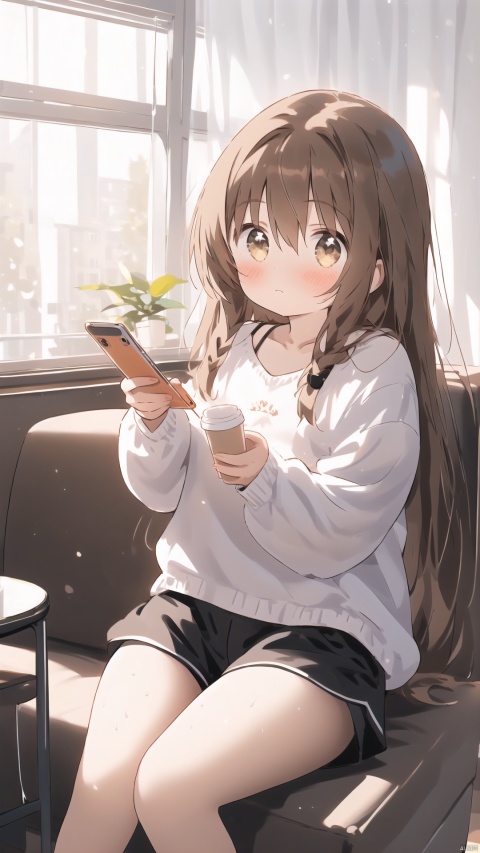 1girl, solo, long hair, looking at viewer, blush, bangs, brown hair, shirt, long sleeves, holding, bare shoulders, brown eyes, sitting, closed mouth, collarbone, jacket, full body, white shirt, open clothes, shorts, barefoot, indoors, off shoulder, feet, open jacket, cup, pillow, short shorts, bare legs, window, phone, black shorts, table, white jacket, cellphone, plant, curtains, couch, smartphone, camisole, drinking glass, holding phone, drink, spaghetti strap, glass, potted plant, on couch, cushion, blinds