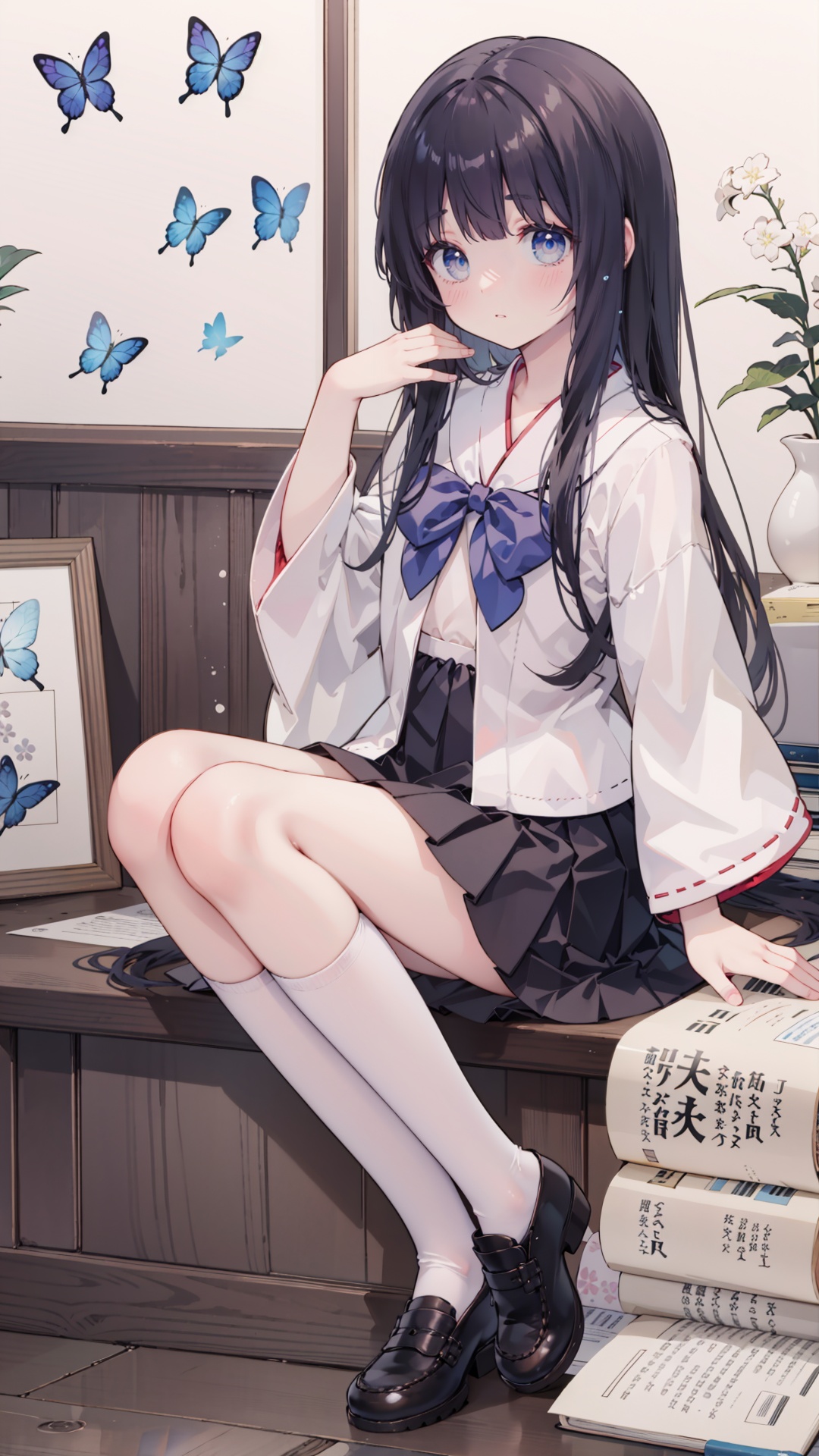 parameters(((houraisan kaguya))),  blue_butterfly,  butterfly,  butterfly_hair_ornament,  glowing_butterfly,  origami,  paper_crane,  1girl,  long_hair,  book,  black_hair,  skirt,  paper_airplane,  solo,  book_stack,  very_long_hair,  black_skirt,  bookmark,  ginkgo_leaf,  blue_bow,  shoes,  picture_frame,  pleated_skirt,  , flying,cuteloli,mahiro,hikaru_r_gohouka