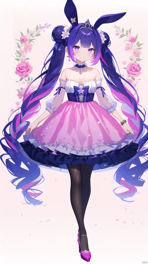 1girl, solo, long hair, looking at viewer, bangs, skirt, dress, animal ears, bare shoulders, twintails, jewelry, very long hair, blue hair, standing, full body, purple hair, flower, pantyhose, multicolored hair, necklace, hair bun, high heels, strapless, double bun, gradient hair, rose, tiara, pink dress, pink flower, pink skirt, white pantyhose, green background, pink rose