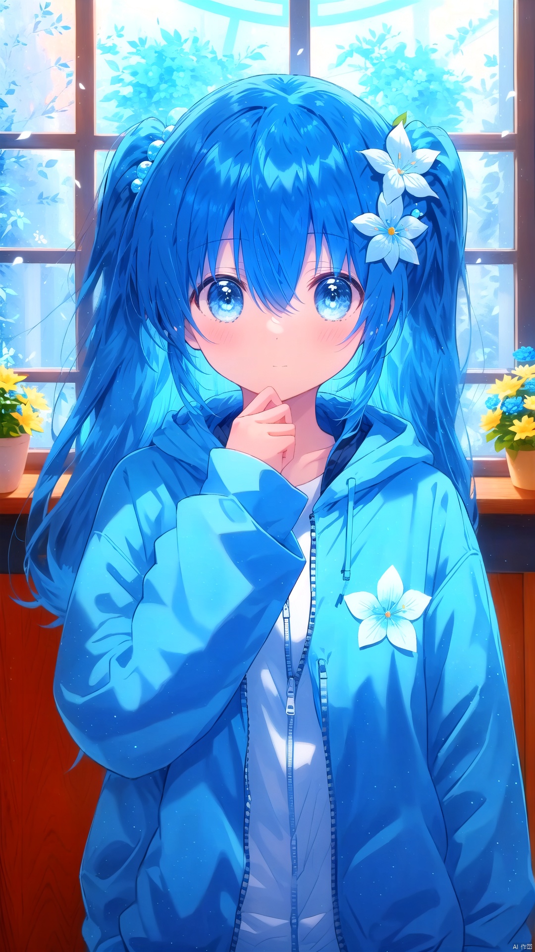 1girl, solo, long hair, looking at viewer, blush, bangs, blue eyes, hair ornament, long sleeves, hair between eyes, twintails, closed mouth, blue hair, jacket, flower, indoors, hand up, two side up, sleeves past wrists, window, blue jacket, zipper, track jacket