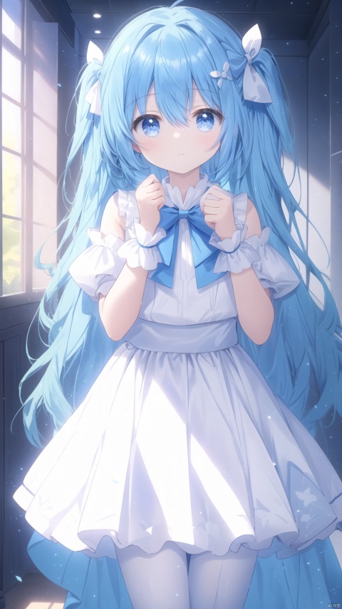  1girl, solo, long hair, looking at viewer, bangs, blue eyes, skirt, dress, bow, holding, hair between eyes, bare shoulders, very long hair, closed mouth, blue hair, standing, short sleeves, hair bow, cowboy shot, detached sleeves, puffy sleeves, indoors, white dress, two side up, puffy short sleeves, wrist cuffs, book, hands up, blue bow, white skirt, holding book, white sleeves, white pantyhose, cozy anime