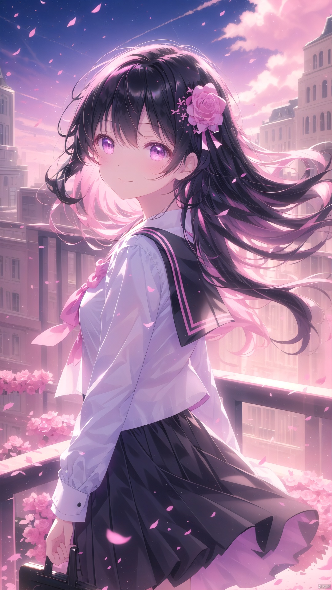 1girl, solo, long hair, looking at viewer, blush, smile, bangs, skirt, shirt, black hair, hair ornament, long sleeves, bow, holding, very long hair, closed mouth, school uniform, standing, purple eyes, white shirt, flower, hair bow, pleated skirt, outdoors, sky, serafuku, looking back, cloud, black skirt, sailor collar, petals, floating hair, rose, bird, pink bow, wind, building, pink flower, black sailor collar, bouquet, aircraft, railing, cityscape, pink rose, holding bouquet