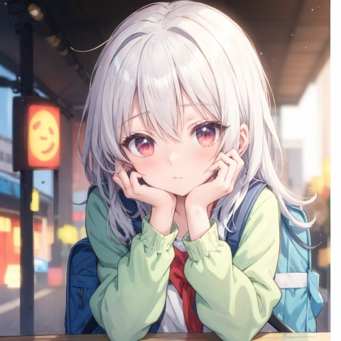 (anime style),  (anime screen), portrait, close up, white hair, red eyes, anime style,  1girl,  solo,  long hair,  looking at viewer,  hair,  blurry,  closed mouth,  blurry background,  jacket,  outdoors,  bag,  blush,  bangs,  long sleeves,  upper body,  backpack,  hand up,  hand on own face,  head rest,  depth of field,  hand on own cheek,  cloud,cuteloli,niji