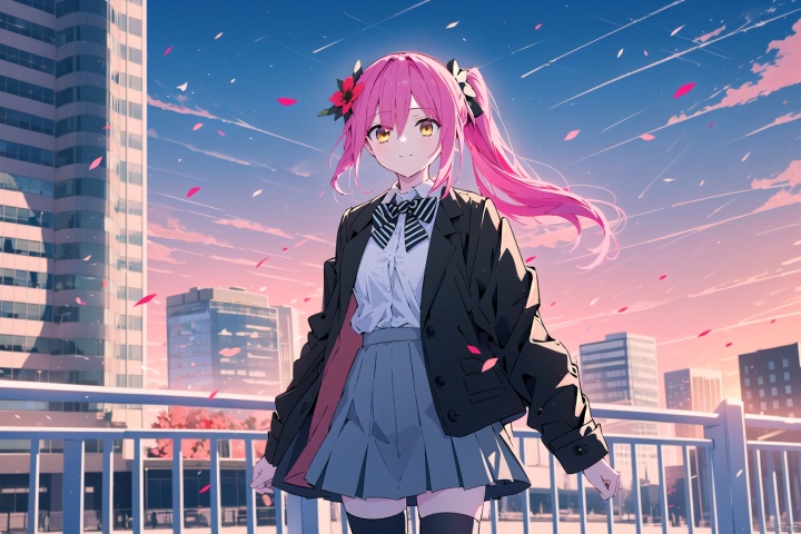 1girl, solo, long hair, breasts, looking at viewer, smile, bangs, skirt, shirt, hair ornament, thighhighs, long sleeves, bow, closed mouth, school uniform, standing, jacket, yellow eyes, white shirt, ponytail, pink hair, flower, hair bow, sidelocks, pleated skirt, outdoors, open clothes, sky, hairclip, collared shirt, black thighhighs, cloud, hair flower, bowtie, black skirt, open jacket, zettai ryouiki, black bow, red flower, building, red jacket, black bowtie, city, railing, shirt tucked in, cityscape, skyscraper, skyline