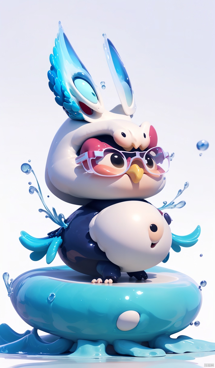 A cute little chicken, wearing glasses and dressed like a financial manager,Cute, fluffy, big belly, white chick, red comb, funny facial expression, exaggerated movements, white background, cartoon style, elongated shape, minimalist, 3D, bai(yang), paopaoma, (masterpiece, Cockatiel\(IP\), (\lang lang\), xiaolanlong, water