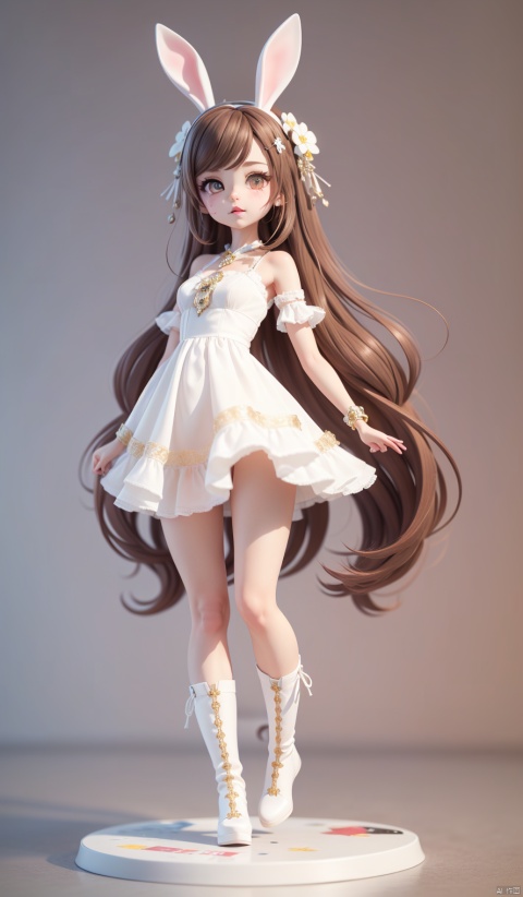  Bright Eyes, little white skirt, clay, models, blind box toys, glossy and delicate, clean background, good shine, 3D rendering, OC rendering, best quality, super detail ,
1girl, solo, long hair, looking at viewer, brown hair, hair ornament, dress, animal ears, brown eyes, very long hair, closed mouth, standing, full body, flower, boots, chibi, white dress, rabbit ears, see-through, short dress, white footwear