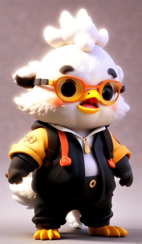 A cute little chicken, wearing glasses and dressed like a financial manager,Cute, fluffy, big belly, white chick, red comb, funny facial expression, exaggerated movements, white background, cartoon style, elongated shape, minimalist, 3D, bai(yang), paopaoma