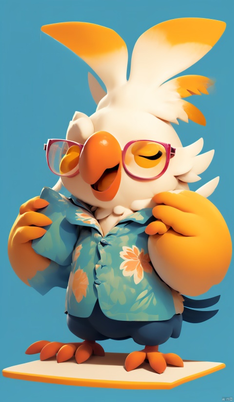 A cute little chicken, wearing glasses and dressed like a financial manager,Cute, fluffy, big belly, white chick, red comb, funny facial expression, exaggerated movements, white background, cartoon style, elongated shape, minimalist, 3D, bai(yang), paopaoma, (masterpiece, Cockatiel\(IP\)