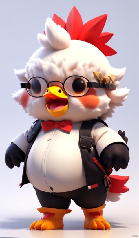 A cute little chicken, wearing glasses and dressed like a financial manager,Cute, fluffy, big belly, white chick, red comb, funny facial expression, exaggerated movements, white background, cartoon style, elongated shape, minimalist, 3D, bai(yang), paopaoma