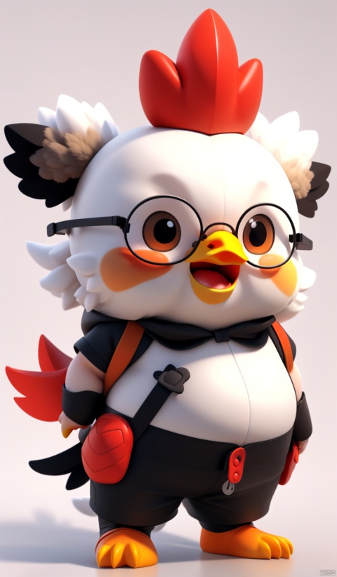A cute little chicken, wearing glasses and dressed like a financial manager,Cute, fluffy, big belly, white chick, red comb, funny facial expression, exaggerated movements, white background, cartoon style, elongated shape, minimalist, 3D, bai(yang)