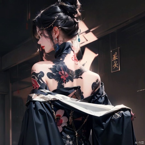  (masterpiece best quality:1.4),1girl, (tattoo of chinese text:1.5), solo, back tattoo, hair flowers, long hair, blue eyes, looking at viewer,back tattoo,tattoo,looking back, from behind, black hair, tassel, bare shoulders, hanfu, chinese clothes,back, bangs, upper body, earrings, indoors, nape, off shoulder, jewelry, eyelashes, lips, back focus, profile, hair bun, sliding doors, piercing, single hair bun,