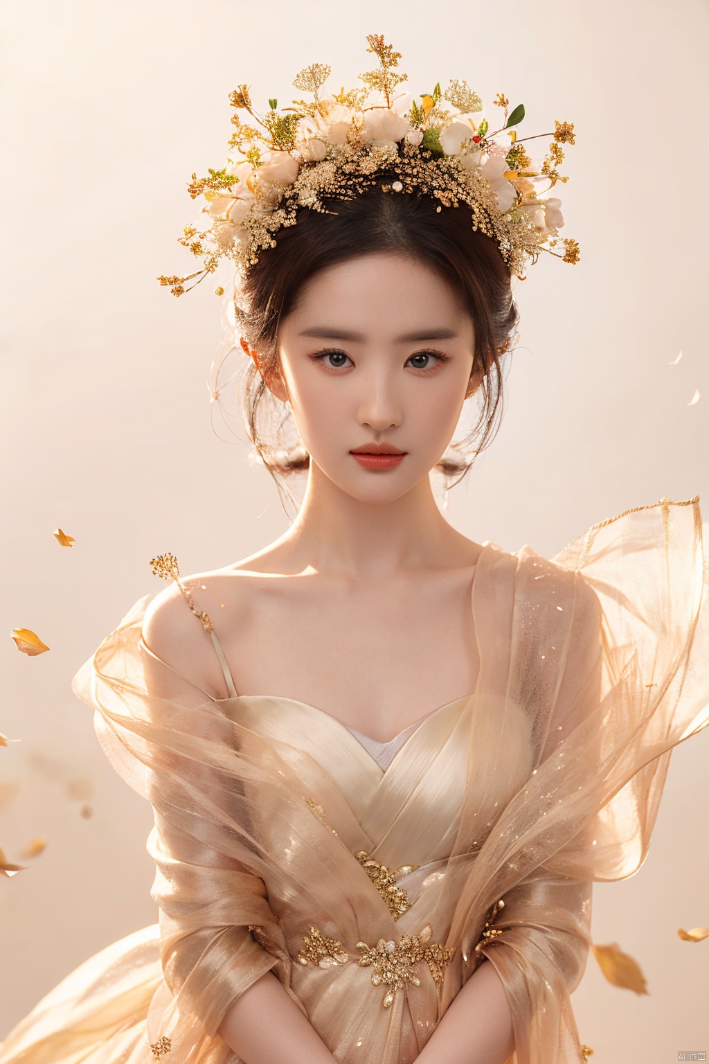  (1girl:1.1),stars in the eyes,(pure girl:1.1),(full body:0.6),There are many scattered luminous petals,contourdeepening,white_background,cinematicangle,goldpowder,,刘亦菲, liuyifei