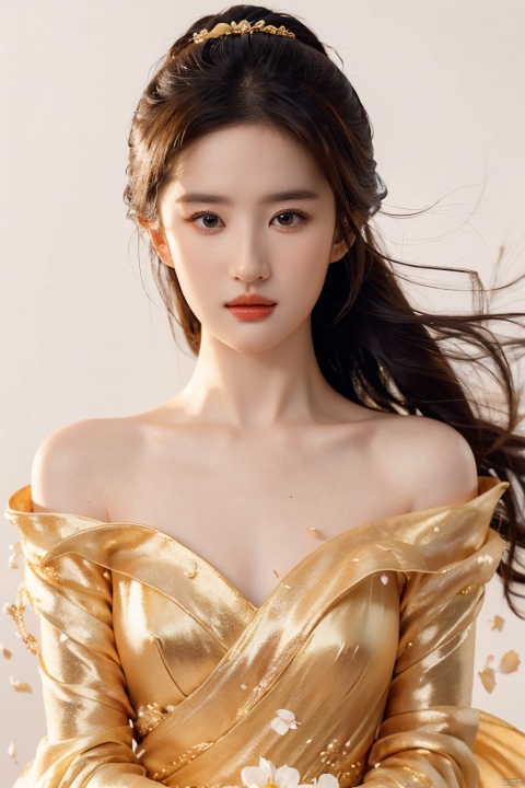  (1girl:1.1),stars in the eyes,(pure girl:1.1),(full body:0.6),There are many scattered luminous petals,contourdeepening,white_background,cinematicangle,goldpowder,,刘亦菲, liuyifei