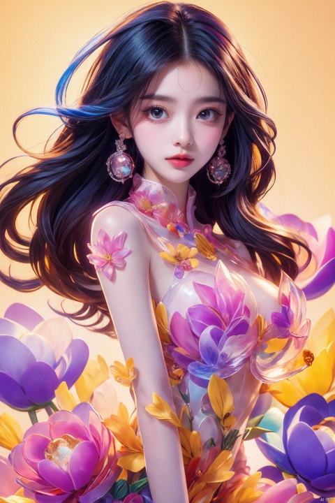 the beauty is standing on the flower,the facial details are perfect,and the character details are exquisite,trendy fashion clothes,trendy portraits,bright colors,clean background,3D cartoon style rendering,Panoramic view,large aperture,pop Mart production,delicate gloss,8K gradient translucent glass melt,frosted glass,,