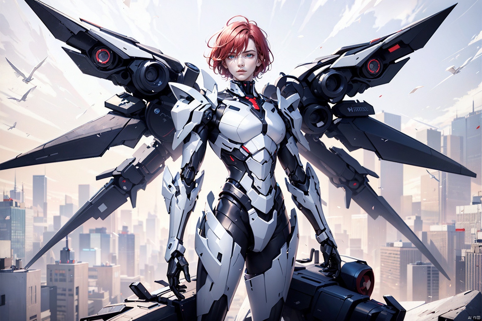 1boy,concept artwork,red hair,(a lonely solo boy:1.4),sky,wing,sitting on the ground,wings with fans,graphics card fan,strong male mecha warrior,mighty and domineering,cool mecha,32k,blue and white color scheme,white armor,,white_background,standing,cowboy_shot,