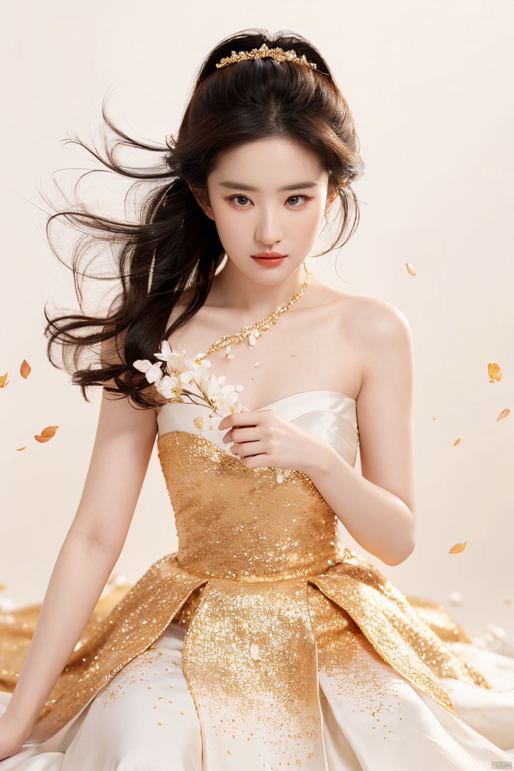  (1girl:1.1),stars in the eyes,(pure girl:1.1),(full body:0.6),There are many scattered luminous petals,contourdeepening,white_background,cinematicangle,goldpowder,,刘亦菲, liuyifei