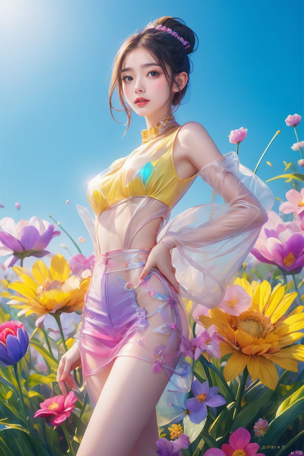 the beauty is standing on the flower,the facial details are perfect,and the character details are exquisite,trendy fashion clothes,trendy portraits,bright colors,clean background,3D cartoon style rendering,Panoramic view,large aperture,pop Mart production,delicate gloss,8K gradient translucent glass melt,frosted glass,,