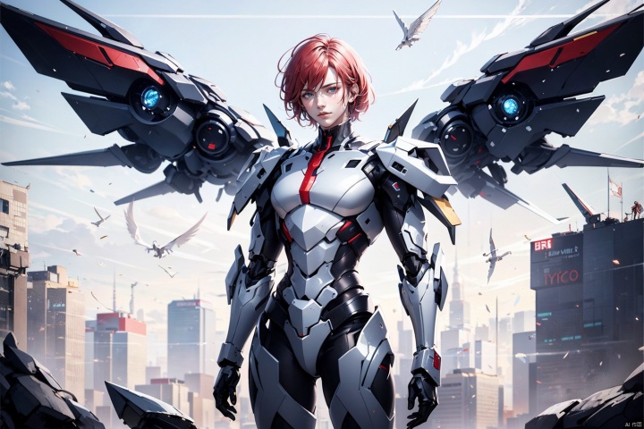 1boy,concept artwork,red hair,(a lonely solo boy:1.4),sky,wing,sitting on the ground,wings with fans,graphics card fan,strong male mecha warrior,mighty and domineering,cool mecha,32k,blue and white color scheme,white armor,,white_background,standing,cowboy_shot,