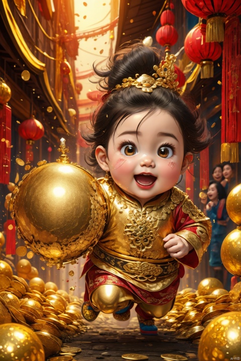  (best quality,4k,8k,highres,masterpiece:1.2), god of wealth, spring Festival elements, gold, gold, gold, red, baby, new year clothes, run to the audience, Blurred Background, Scattered, splashed riches, solo, ultra hd, (best quality), high detail, 8k, holding, running background, looking, run, dofas