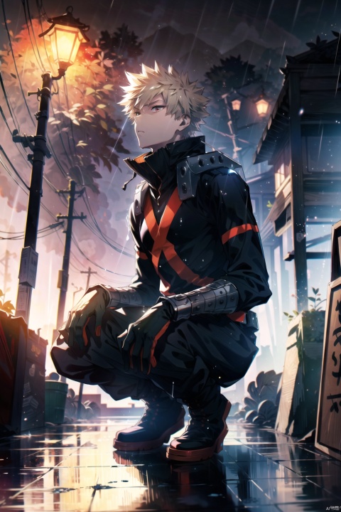 (masterpiece)), ((best quality)), (ultra-detailed), absurdres, extremely detailed CG unity 8k wallpaper, Official Art, (realistic), beautiful face, detailed hands, expressive eyes, 1boy, mature, young,male focus, solo,outdoors, ruins, squatting, spread legs,night, lamppost, fog, rain, bakugou katsuki, two-tone gloves, green belt, high collar, bodysuit, superhero, knee pads, black pants, boots, looking up,emotionless, mout closed, better hands