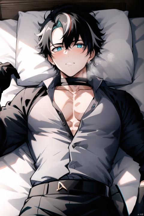 ((masterpiece)), ((best quality)), (ultra-detailed), absurdres, extremely detailed CG unity 8k wallpaper, Official Art, beautiful face, detailed hands, expressive eyes, solo, alone,(indoor,on bed,scenery, illustration,from below,dark light,dramatic lighting:1.1), (lying on the bed:1.5),(looking at the viewer,aqua eyes,blush), (1male, mature male,wide shoulder,sharp eyes,bright eyes), (bronze skin,streaked hair,multicolored hair),(((25 years old,upper body,black gloves, black trouser,black shirt, unbuttoned shirt, chocker,collared shirt,sleeves rolled up,jewelry,breathe deeply,muscular))),Male focus,1boy ,male focus,backlight,handsome, Wriothesley, wriothesley