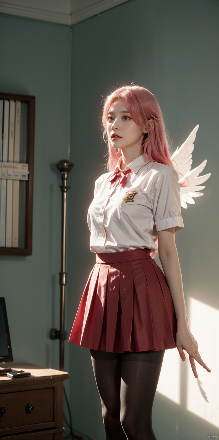  Reality, official art, uniform 8k quality, super detail, fine detail skin, movie angle, movie texture, movie lighting, masterpiece, best picture quality, deep shadows, backlight, silhouette, light, school uniform, pleated skirt, living room, 1 girl, vermilion lips, messy hair, 1 girl, mini skirt, pink hair, showy underwear, huge chest, bj_ Devil_ Angel, Tiffany Lockhart, Serafuku, head up, looking at the audience, with skirts, long legs, standing opposite the audience, looking up from an angle,tutuwl,cyborg,black pantyhose