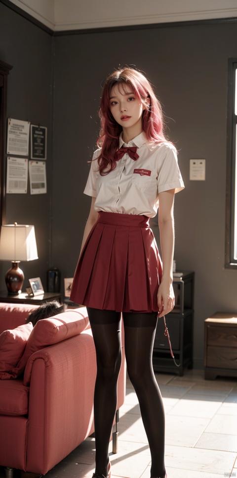  Reality, official art, uniform 8k quality, super detail, fine detail skin, movie angle, movie texture, movie lighting, masterpiece, best picture quality, deep shadows, backlight, silhouette, light, school uniform, pleated skirt, living room, 1 girl, vermilion lips, messy hair, 1 girl, mini skirt, pink hair, showy underwear, huge chest, bj_ Devil_ Angel, Tiffany Lockhart, Serafuku, head up, looking at the audience, with skirts, long legs, standing opposite the audience, looking up from an angle,tutuwl,cyborg,black pantyhose