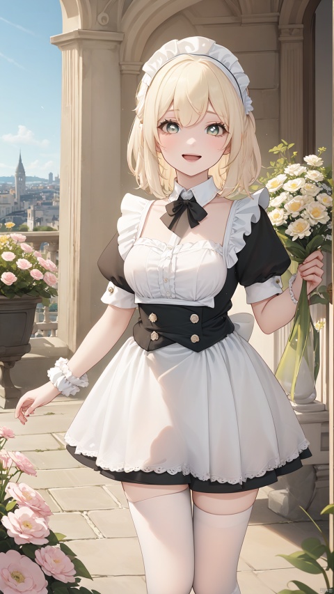  1 Girl, maid, short skirt,Blond Hair,short hair,disheveled hair,scrunchie,maid headdress, white stockings, open mouth, smile,French flag,((Baguette)),Rococo architectural style,vines,Birch,Erigeron annuus (L.) Pers.,eyesseye