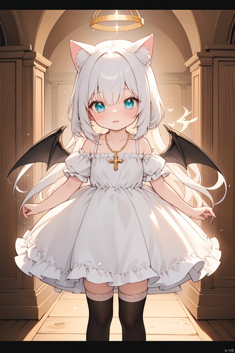  {masterpiece},white hair,yellow eyes,aqua eyes,looking up,stockings,long hair,hime cut,messy hair,floating hair,demon wings,halo,cross necklace,holy,divinity,shine,holy light,cat girl,(loli),(petite),solo,cozy anime,houtufeng,letterboxed,eyesseye