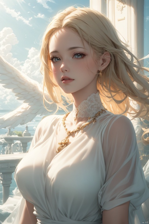  An angel with white wings spreading wide, her gaze filled with love and compassion. Her hair is golden, dressed in a white gauzy dress, appearing exceptionally holy under the sunlight. The surrounding environment is peaceful, with light clouds floating around. High-definition picture of an angel with open wings, divine aura, golden hair, white dress, serene cloudy background, majestic oil painting by celestial artists, trending on ArtStation, vibrant, sharp focus, photorealistic painting art by hi-res masters., mjuanlian, eyesseye