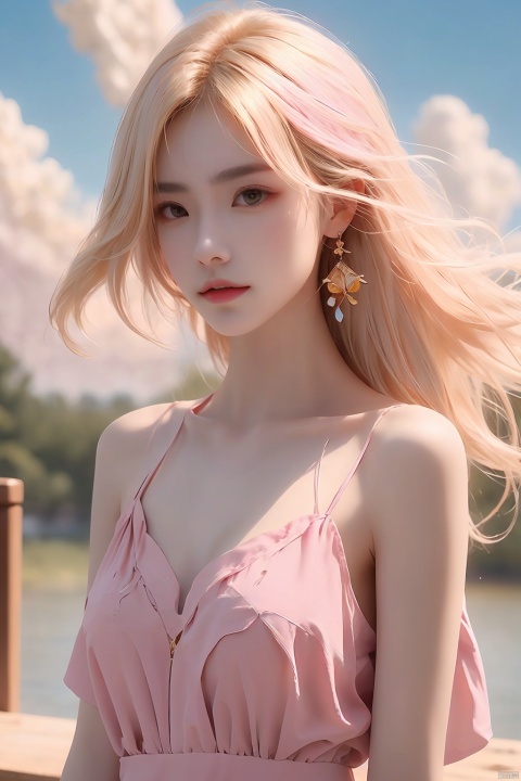  1girl,Bangs, off shoulder, colorful_hair, ((colorful hair)),golden dress, yellow eyes, chest, necklace, pink dress, earrings, floating hair, jewelry, sleeveless, very long hair,Looking at the observer, parted lips, pierced,energy,electricity,magic,tifa,sssr,blonde hair,jujingyi, wangyushan, dofas, forehead mark, (\yan yu\),rainning