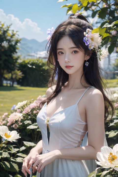  (2_girls:1.9),kind smile, (masterpiece), (best quality), illustration, ultra detailed, hdr, Depth of field, (colorful),black eyes, gloves, flower, blonde hair, long hair, dress, parted lips, looking at viewer, white flower, white dress, breasts, white rose, bird, sleeveless, bangs, rose, official alternate costume,wangyushan, ((poakl)), pld, Nebula, flowers