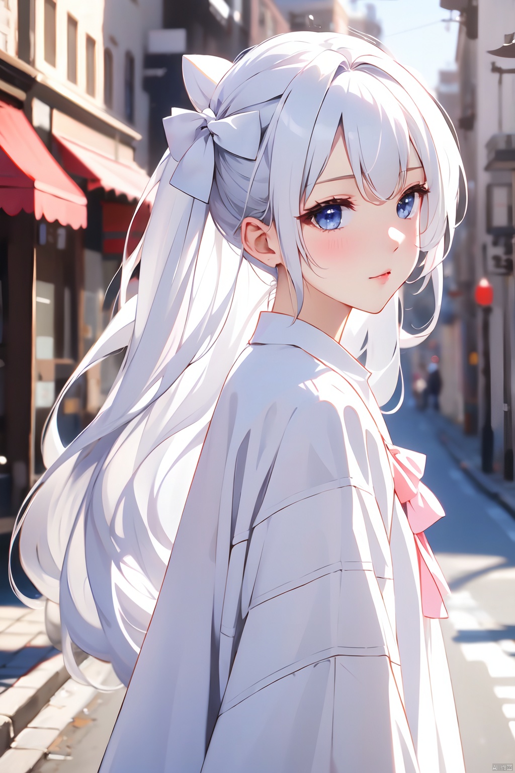  masterpiece,8k,best quality,loli,solo,white hair,((depth of field)),bowknot,long hair,light,street