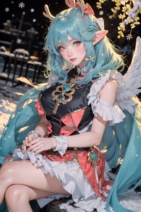  beautiful girl,breasts, girl, dress,(green hair,Snow field,Snowing,things,wings,cross legs,Black Silk Stockings:1.3)depth_of_field,blurry_background,largebreasts,glint, jujingyi, 1girl,, (big breasts:1.39), ajkds, kongque, Nebula