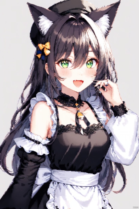 1girl, solo, animal ears, smile, simple background, white background, green eyes, animal ear fluff, white apron, :d, bow, long sleeves, hat, dress, apron, long hair, black headwear, black dress, hand up, blush, hair ornament, very long hair, fang, looking at viewer, bangs, hair bow, frills, frilled apron, black bow, puffy sleeves, waist apron, beret, hair intakes, detached sleeves, cat hair ornament, hair between eyes, jewelry, breasts, ring, open mouth, Pixel painting