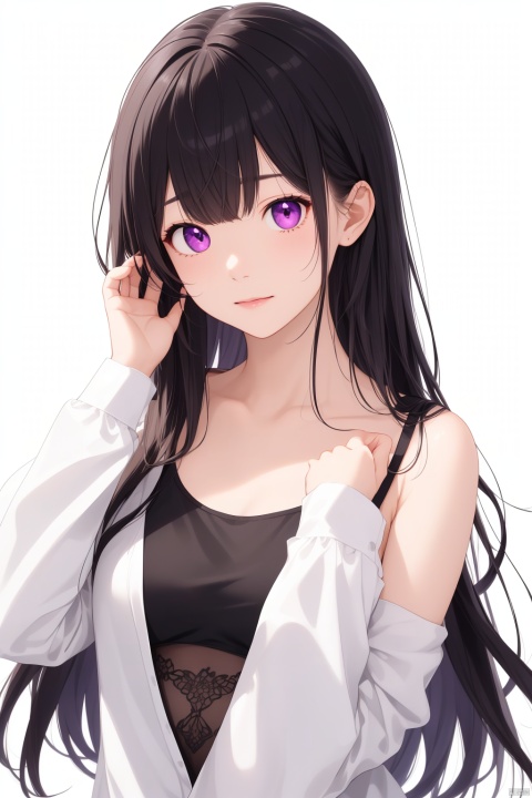  1girl, solo, long hair, looking at viewer, blush, bangs, shirt, black hair, long sleeves, white background, closed mouth, purple eyes, collarbone, upper body, sleeves past wrists, black shirt, hand on own face, spider lily, inoue takina