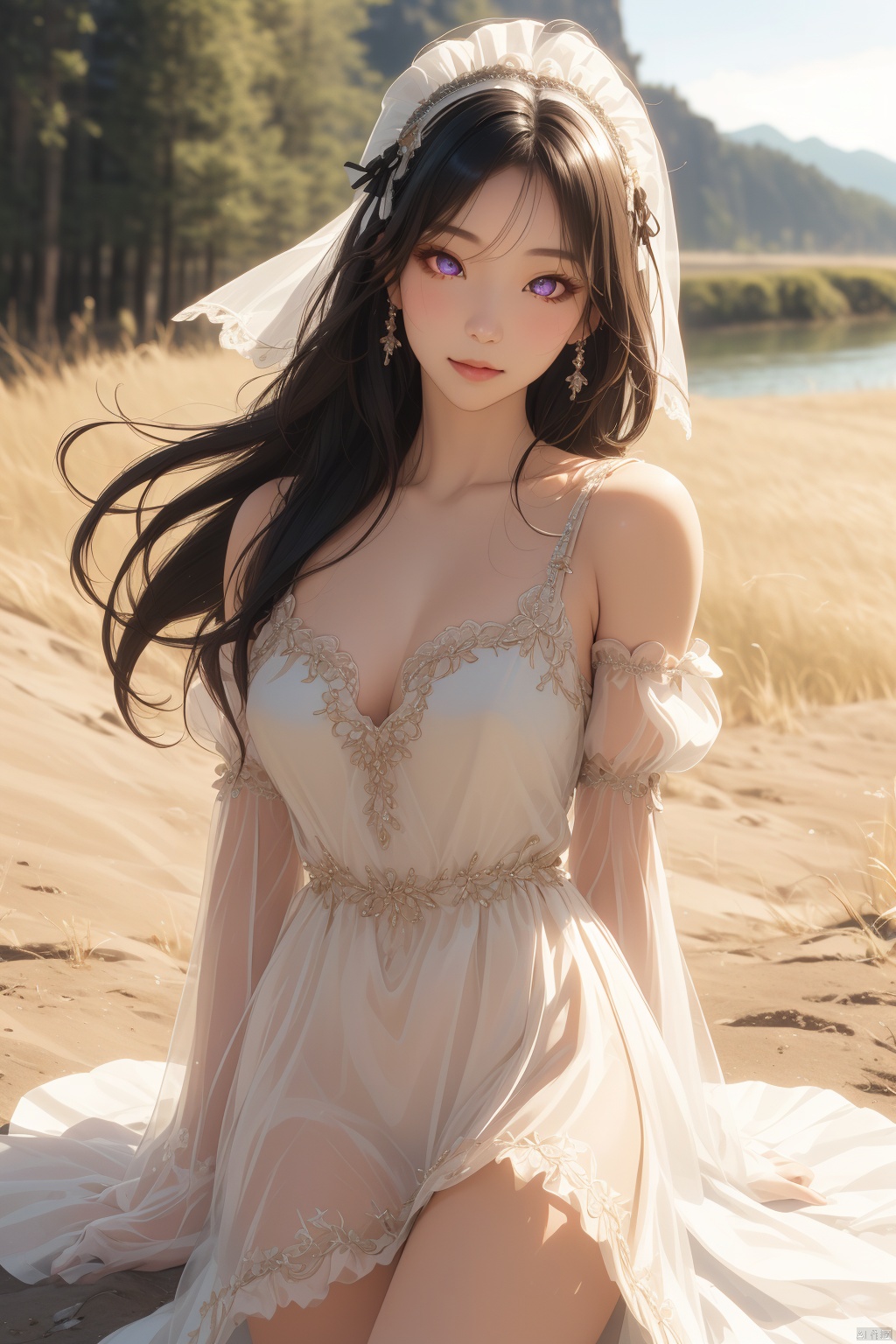  Korean,Realistic, artwork, final detail, photo Realistic, intricate detail, octane rendering, 8K, 1 girl, full body, perfect face, pretty face, nswf, reference, hair detail,, black bow, black gloves, black legs, blue eyes, blue hair, bow, collarbone, dress, sticking hair, ruffles, ruffles, gloves, gwen, headdress, high resolution, long hair, parted lips, puffed sleeves, purple eyes, smile, alone, white dress, oily skin, 1girl
