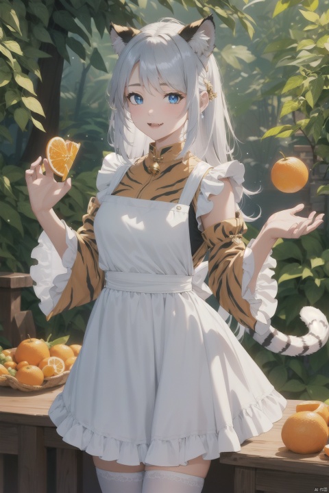  1girl, solo, looking_at_viewer, sad, skirt, thighhighs, long_sleeves, dress, animal_ears, blue_eyes, tail, full_body, long white with silver hair, multicolored_hair, food, fang, wide_sleeves, apron, fox_ear_fluff, bell, fangs, frilled_dress, frilled_sleeves,single_thighhigh, white_apron, frilled_apron, new_year, brown_skirt, brown_dress, claw_pose, tiger_ears, chinese_zodiac, tiger_tail, orange_\(fruit\), tiger, mandarin_orange, 2022, egasumi, tiger_girl, year_of_the_tiger, white_tiger,(masterpiece), (best quality), ((ultra-detailed)), A Pixar 3D showcasing coexisting harmoniously amid lush greenery, (crystal glowin on hand), eyesseye,good hands