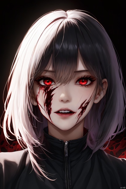 (1girl) portrait, best quality, ultra high res, ultra detailed, black and red, high contrast color tone, extremely detailed lighting, cinematic lighting, soft lights, (masterpiece, high quality:1.4), (kaneki ken, black hair, white hair, red and black eye, mask | teeth, blood eyes, black clothes, scorpio tentacles), , , blood, , black background, thrilling, (fierce face),kaneki ken, eyesseye, guidao, 1girl