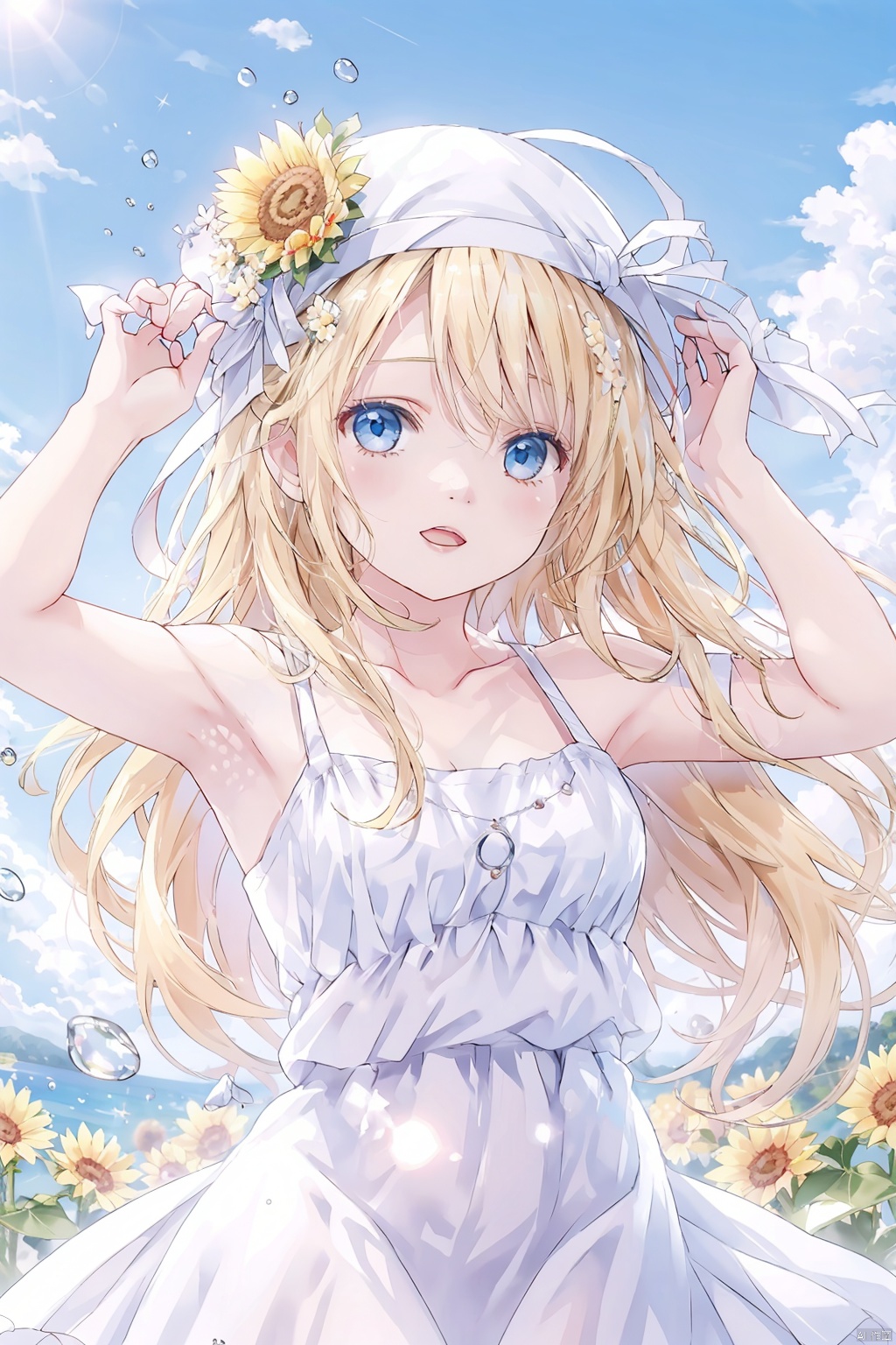  1girl, solo, dress, long hair, hat, sky, blue eyes, flower, sleeveless dress, white dress, day, breasts, arm up, blue sky, cloud, bangs, blush, outdoors, open mouth, sleeveless, bare shoulders, ribbon, white headwear, yellow flower, blonde hair, water drop, hair between eyes, hat flower, hair ribbon, sun hat, medium breasts, white ribbon, hand on headwear, upper body, looking at viewer, cloudy sky, sunflower