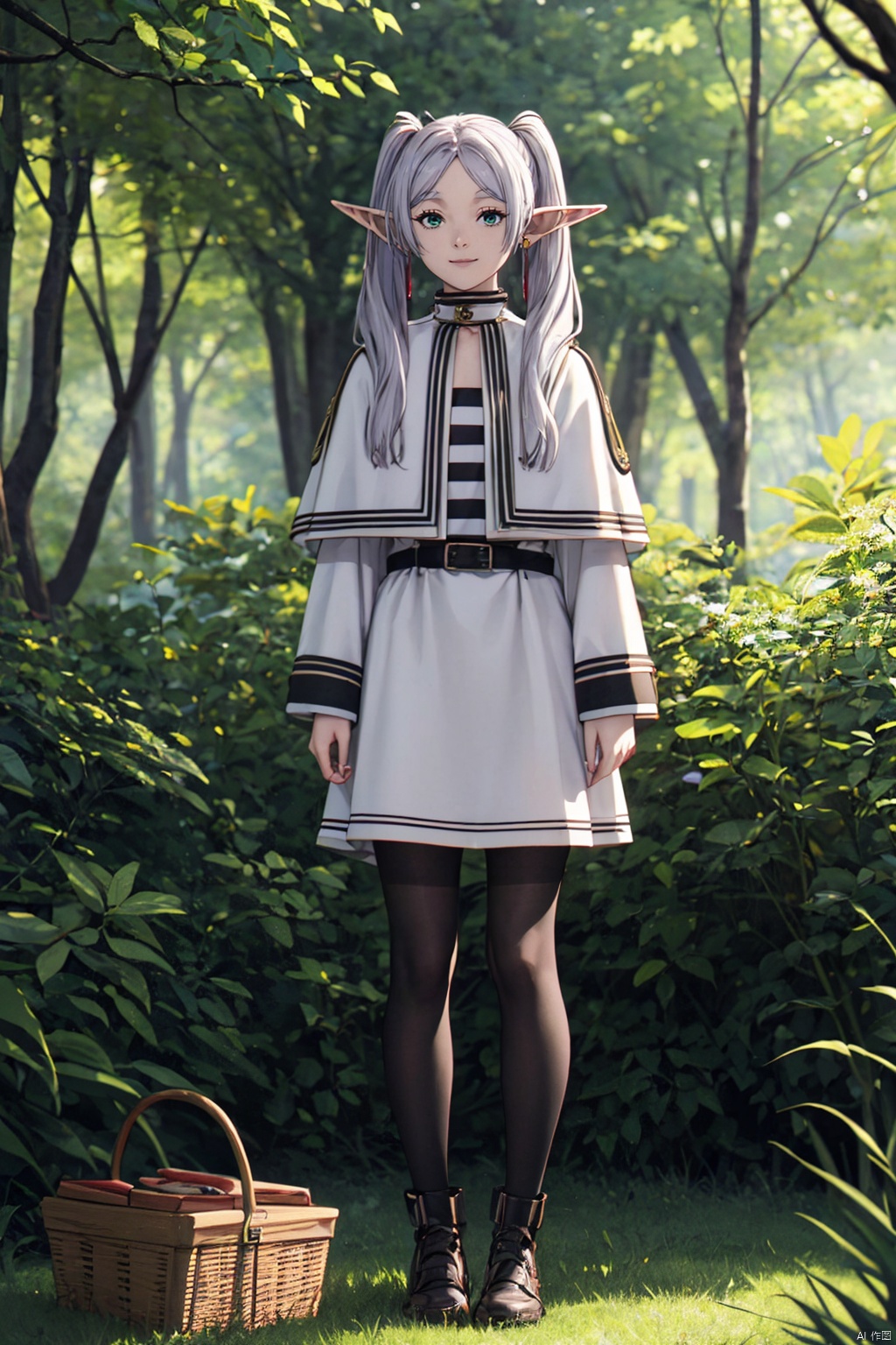  masterpiece,best quality,cinematic lighting,1girl,solo,full body,(looking at viewer:1.1),(standing:1.2),frieren_snf,elf,grey hair,long hair,bangs,twintails,pointy ears,green eyes,jewelry,earrings,capelet,striped shirt,striped,long sleeves,belt,white skirt,pantyhose,light smile,
BREAK
Lakeside meadow, Picnic, Noontime sun, Nature scenery, Enjoyment,Relaxation,sunlight,,8k,ultra-detailed, girl