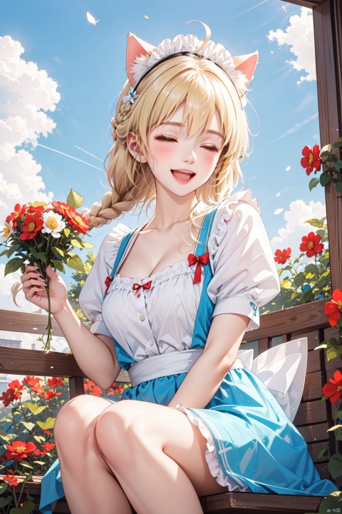  (best quality),(masterpiece),1girl, solo, animal ears, closed eyes, holding flower, fang, flower, smile, open mouth, holding, braid, short sleeves, blonde hair, puffy short sleeves, petals, outdoors, breasts, red bow, :d, blush, puffy sleeves, day, dress, green dress, cat ears, bow, ^_^, sky, maid headdress, cloud, ahoge, wrist cuffs, hair bow, blue sky, bangs, red flower, facing viewer, medium breasts, frills, cleavage, maid, horizonfingernails, holding gift, knees up, hair between eyes, blue skirt, jiqing, maolilan