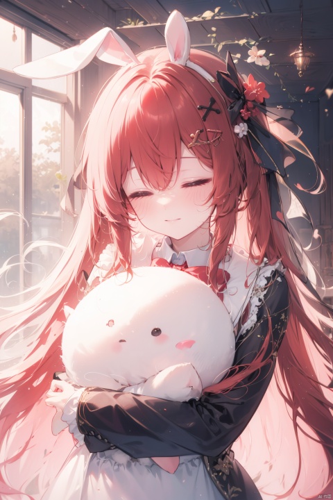  (best quality),(masterpiece),1girl, closed eyes, smile, long hair, solo, closed mouth, blush, animal hug, upper body, facing viewer, long sleeves, hair ornament, bangs, animal, ^_^, hair rings, hair between eyes, holding, bow, red hair, rabbit hair ornament, very long hair, red bow, shirt, hair bow