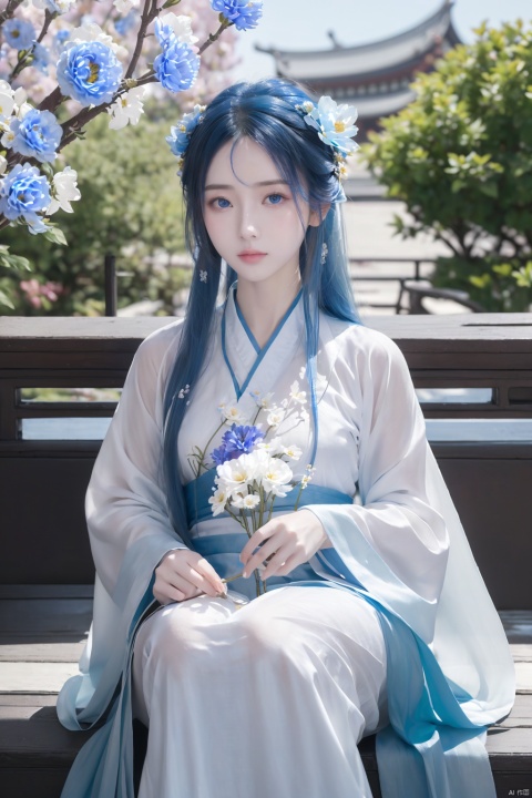  {fantasy theme,chines style},1girl, long hair, white hair, blue eyes, masterpiece, best quality,chinese clothes, hanfu, long sleeves, blue dress, hair flower, blue flower, eyesseye, Light master, flower, (\shuang hua\), yue , hair ornament , hanfu, Nebula, BY MOONCRYPTOWOW, tq, ajkds, tutultb