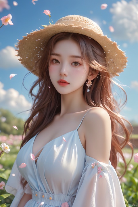  masterpiece, 1 girl, 18 years old, Look at me, long_hair, straw_hat, Wreath, petals, Big breasts, Light blue sky, Clouds, hat_flower, jewelry, Stand, outdoors, Garden, falling_petals, White dress, ajkds, textured skin, super detail, best quality, (\meng ze\)