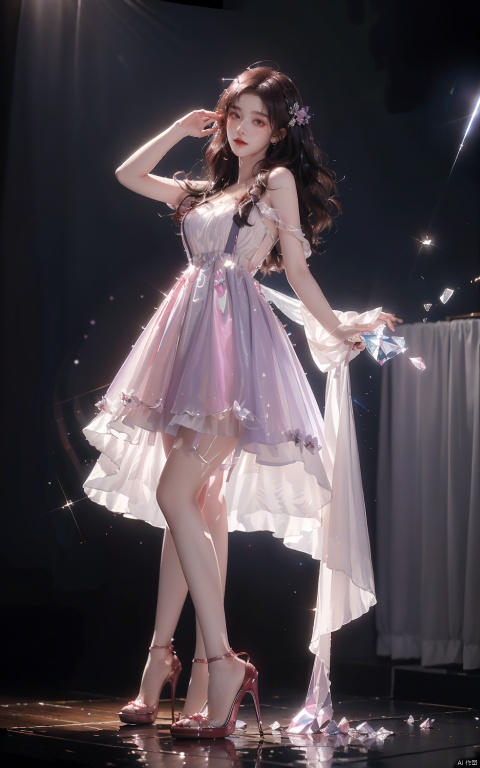(masterpiece, top quality, best quality, official art, beauty:1.2),whole body,suspender skirt,vertical painting,idol,(luminous quality chiffon dress:1.1),(flash effects:1.3),lavender slip skirt,(hair all to one side:1.5),(dark wavy hair:1.1),(dark red hair:1.1),floating in the air,(crystal high heels:1.2),spotlight,(stage lighting:1.2),flower