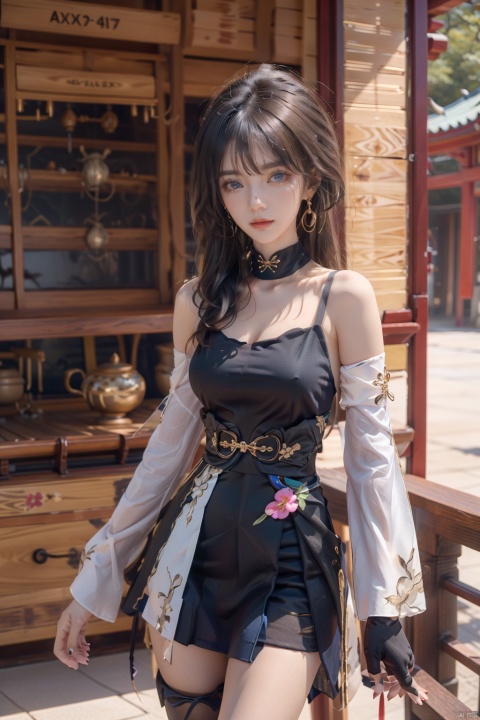  fine fabric emphasis, 1girl, looking at viewer, gloves, blue eyes, dress, breasts, chinese clothes, xiluwa, blonde hair, blue hair, multicolored hair, long hair, skirt, earrings, pantyhose, jewelry, asymmetrical sleeves, bare shoulders, black choker, bangs, Lightning tattoo, thigh_strap,